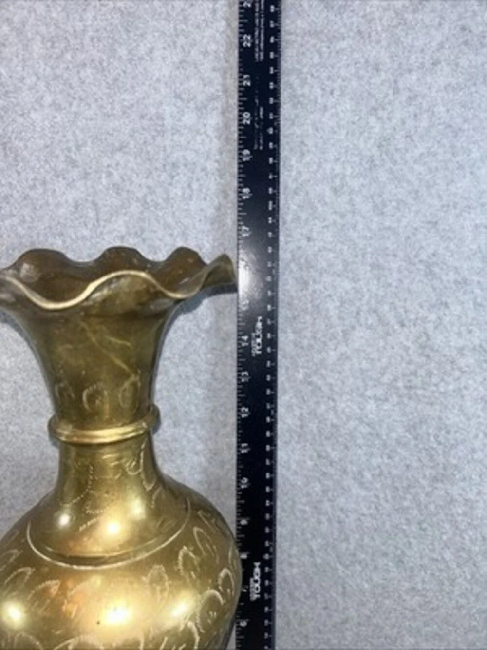 Vintage Etched Solid Brass Vase Fluted Ruffled Trim Made In India 16.5  Tall